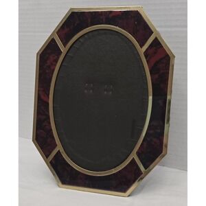 MCM Vintage Brass & Red Faux Tortoise Octagon Tabletop Frame Oval Glass Window